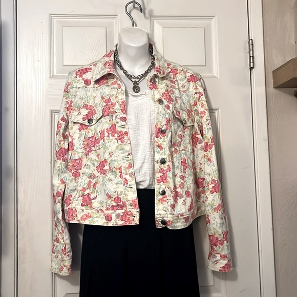 Willi Smith Denim Pink Floral Cropped Jean Jacket - Picture 1 of 9